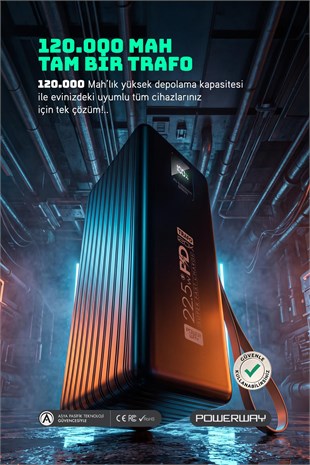 Powerway TRAFO120 Siyah 120.000 Mah PD 22.5W Dahili Kablolu Hızlı Şarj Işıklı Powerbank