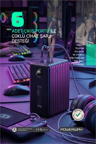 Powerway TRAFO120 Siyah 120.000 Mah PD 22.5W Dahili Kablolu Hızlı Şarj Işıklı Powerbank