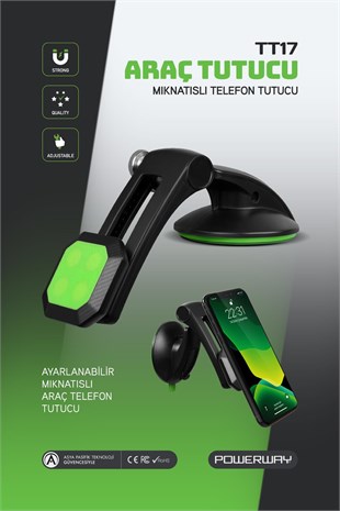 Powerway TT17 Araç İçi Oynar Başlıklı Mıknatıslı Vantuslu Telefon Tutucu