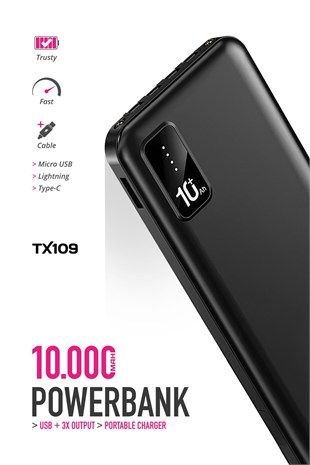 Powerway TX109 Siyah 10.000 mAh Dijital Göstergeli Ekstra Kablolu Dahili Stand Powerbank