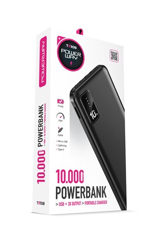 Powerway TX109 Siyah 10.000 mAh Dijital Göstergeli Ekstra Kablolu Dahili Stand Powerbank
