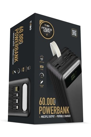 Powerway TX60 Siyah 60.000 mAh Çoklu Çıkış Dijital Göstergeli Ekstra Kablolu Powerbank