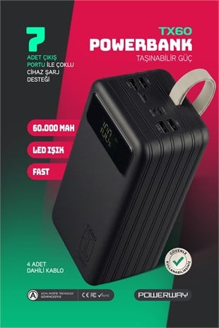 Powerway TX60 Siyah 60.000 mAh Çoklu Çıkış Dijital Göstergeli Ekstra Kablolu Powerbank