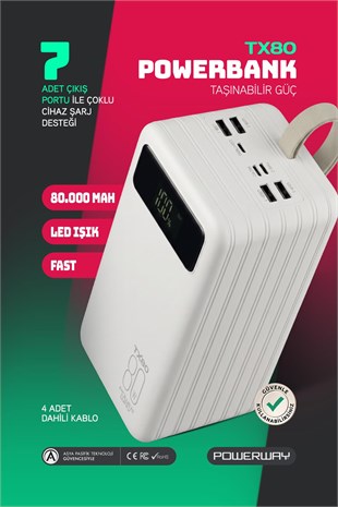 Powerway TX80 Beyaz 80.000 mAh Çoklu Çıkış Dijital Göstergeli Ekstra Kablolu Powerbank