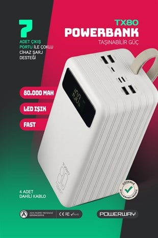 Powerway TX80 Beyaz 80.000 mAh Çoklu Çıkış Dijital Göstergeli Ekstra Kablolu Powerbank