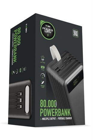 Powerway TX80 Siyah 80.000 mAh Çoklu Çıkış Dijital Göstergeli Ekstra Kablolu Powerbank