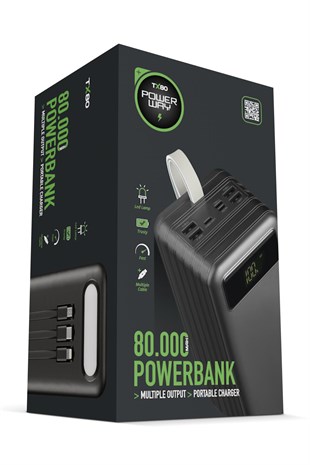 Powerway TX80 Siyah 80.000 mAh Çoklu Çıkış Dijital Göstergeli Ekstra Kablolu Powerbank