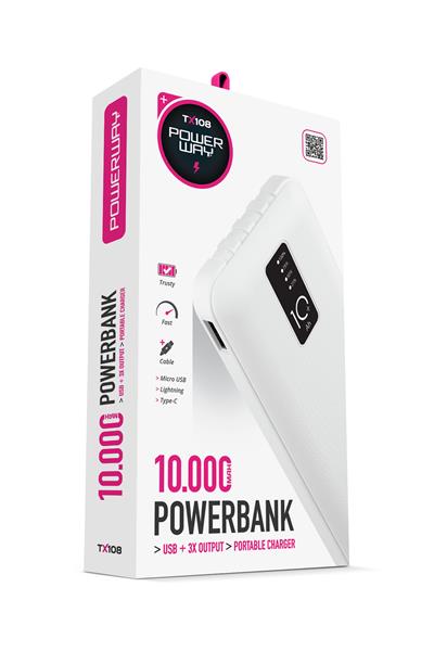 Powerway TX108 Beyaz 10.000 mAh Dijital Göstergeli Ekstra Kablolu 4 Çıkışlı Powerbank
