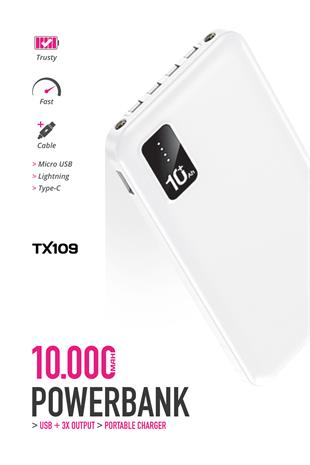 Powerway TX109 Beyaz 10.000 mAh Dijital Göstergeli Ekstra Kablolu Dahili Stand Powerbank