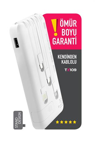 Powerway TX109 Beyaz 10.000 mAh Dijital Göstergeli Ekstra Kablolu Dahili Stand Powerbank