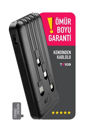 Powerway TX109 Siyah 10.000 mAh Dijital Göstergeli Ekstra Kablolu Dahili Stand Powerbank