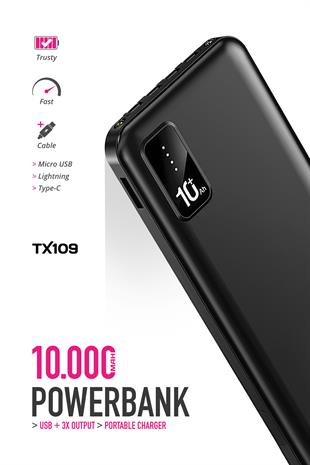 Powerway TX109 Siyah 10.000 mAh Dijital Göstergeli Ekstra Kablolu Dahili Stand Powerbank