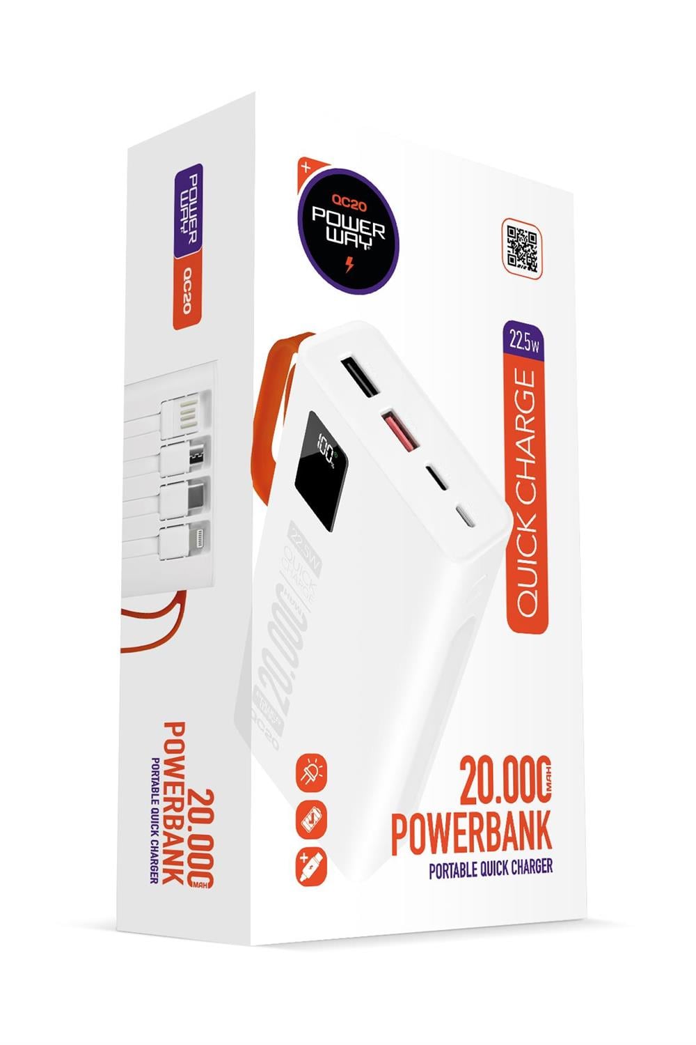 20.000 Mah Pd 22.5W Kablolu 3.0 Hızlı Şarj Gerçek 20.000 Mah Garantili Işıklı QC20 Beyaz Powerbank