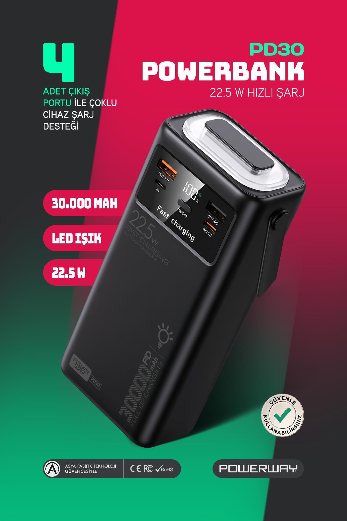 30.000 Mah Pd 22.5W Dahili Kablolu Hızlı Şarj Led Fener Gerçek 30.000 Mah PD30 Siyah Powerbank