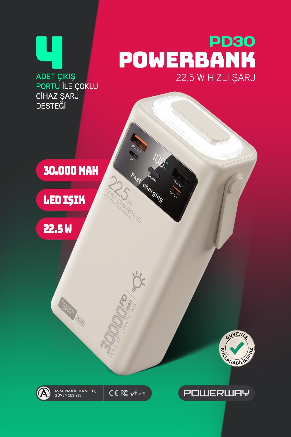 30.000 Mah Pd 22.5W Dahili Kablolu Hızlı Şarj Led Fener Gerçek 30.000 Mah PD30 Beyaz Powerbank