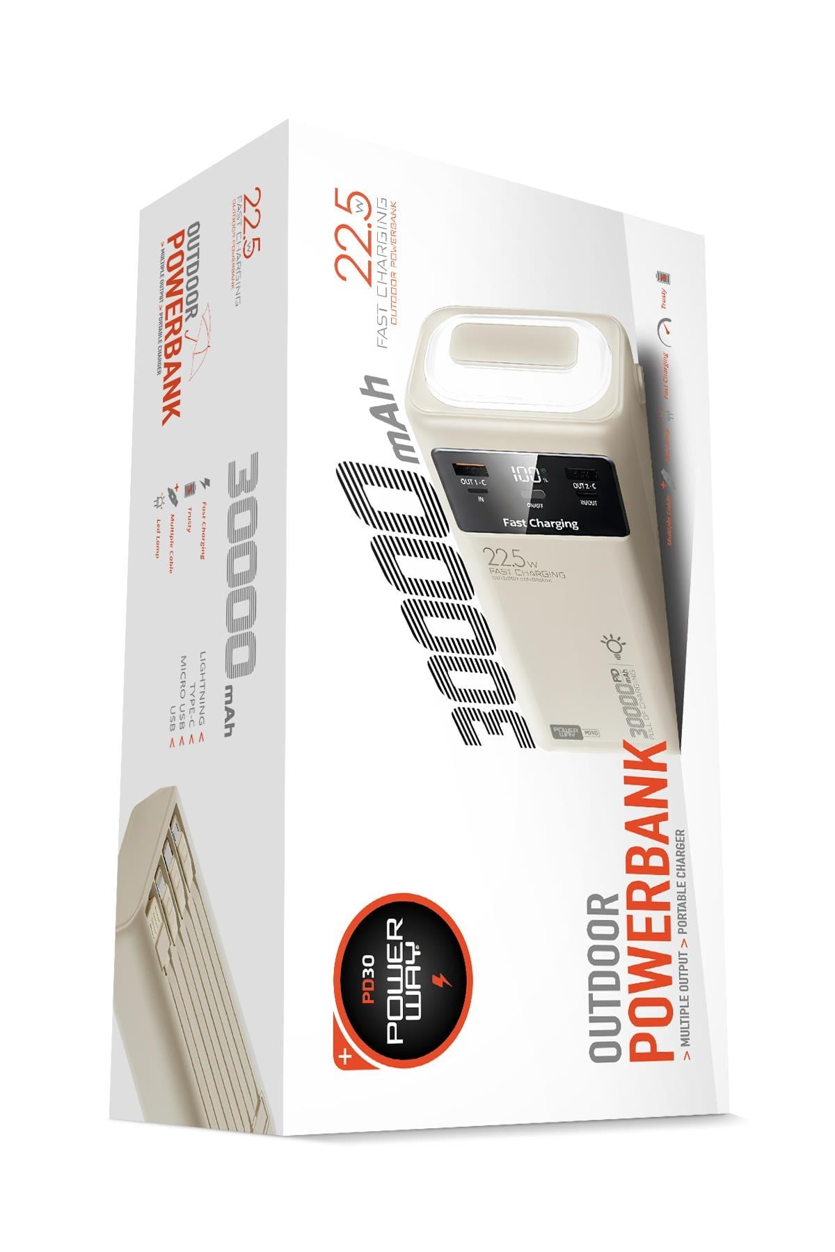 30.000 Mah Pd 22.5W Dahili Kablolu Hızlı Şarj Led Fener Gerçek 30.000 Mah PD30 Beyaz Powerbank