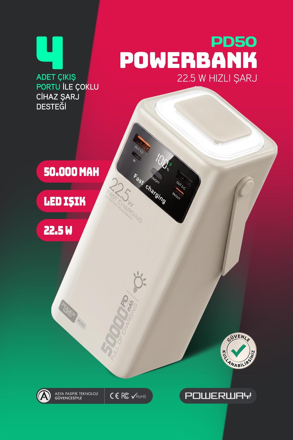 50.000 mAh PD 22.5w Hızlı Şarj Dahili Kablolu Kamp Taşınabilir Güç Kaynağı Beyaz PD50 Powerbank