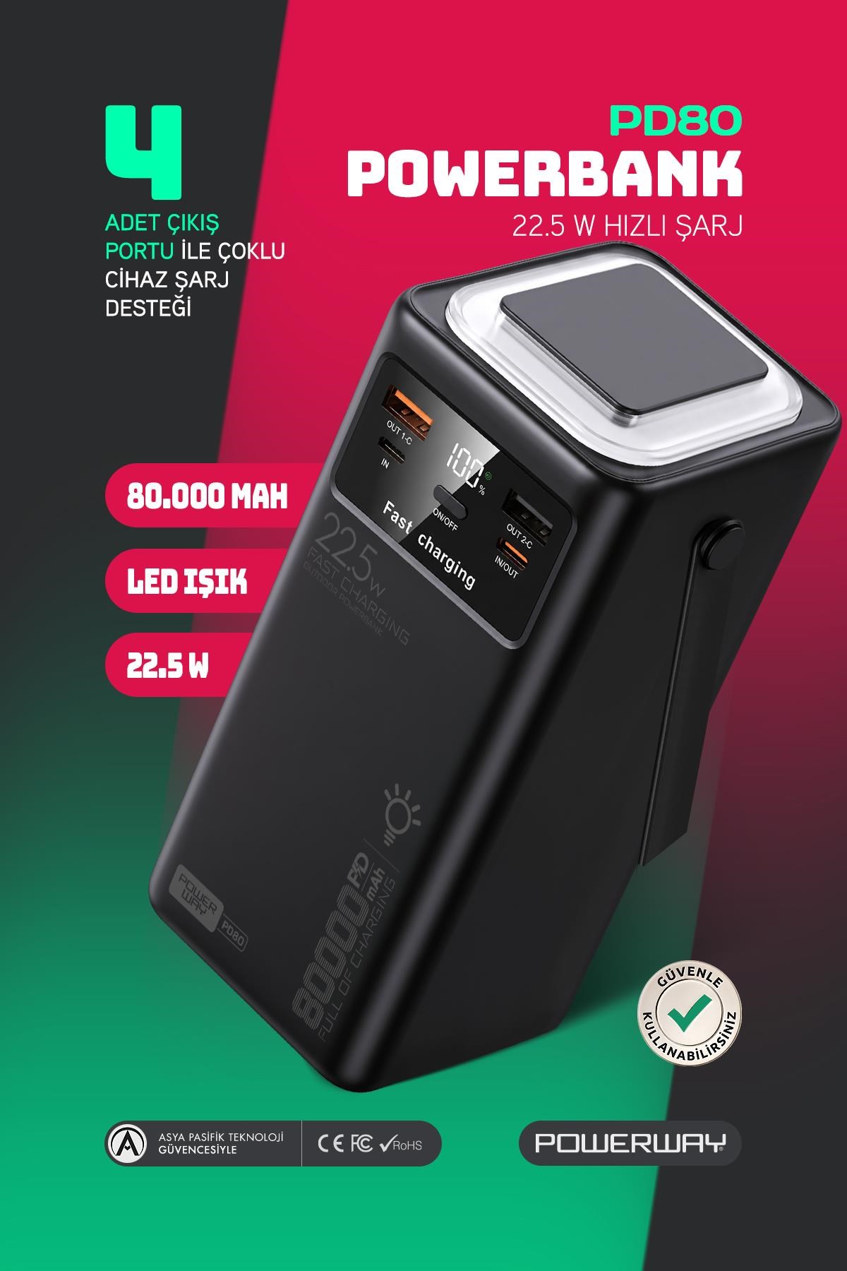 80.000 mAh PD 22.5W Hızlı Şarj Dahili Kablolu Kamp Taşınabilir Güç Kaynağı Siyah PD80 Powerbank
