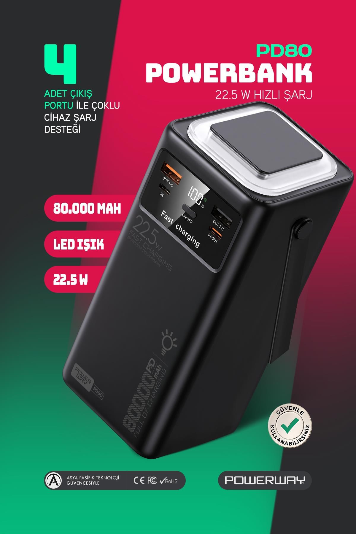 80.000 mAh PD 22.5W Hızlı Şarj Dahili Kablolu Kamp Taşınabilir Güç Kaynağı Siyah PD80 Powerbank