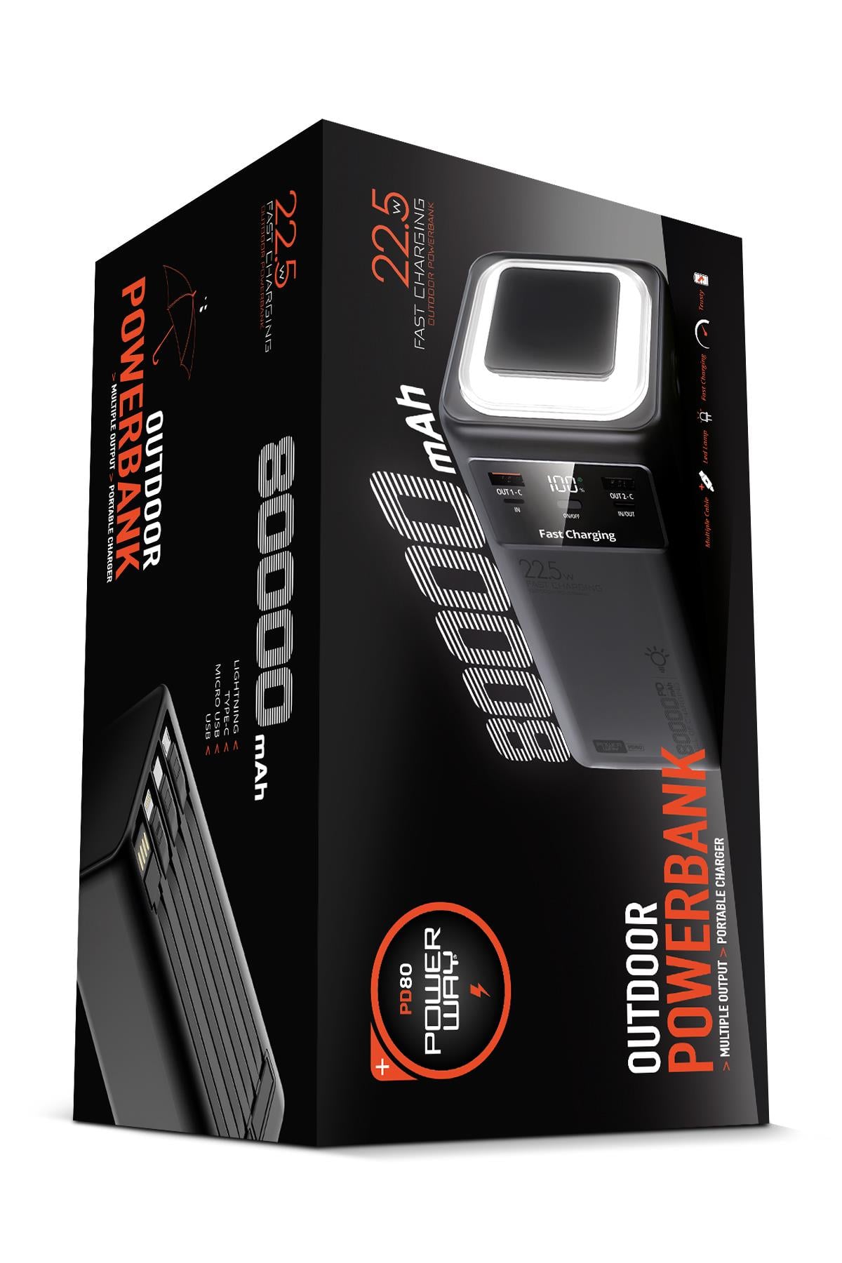 80.000 mAh PD 22.5W Hızlı Şarj Dahili Kablolu Kamp Taşınabilir Güç Kaynağı Siyah PD80 Powerbank