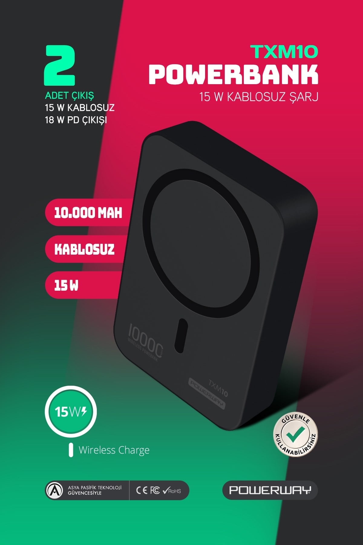 Powerway 10.000 mAh PD 15W Magsafe Kablosuz Wireless Taşınabilir Şarj Cihazı Siyah Powerbank TXM10