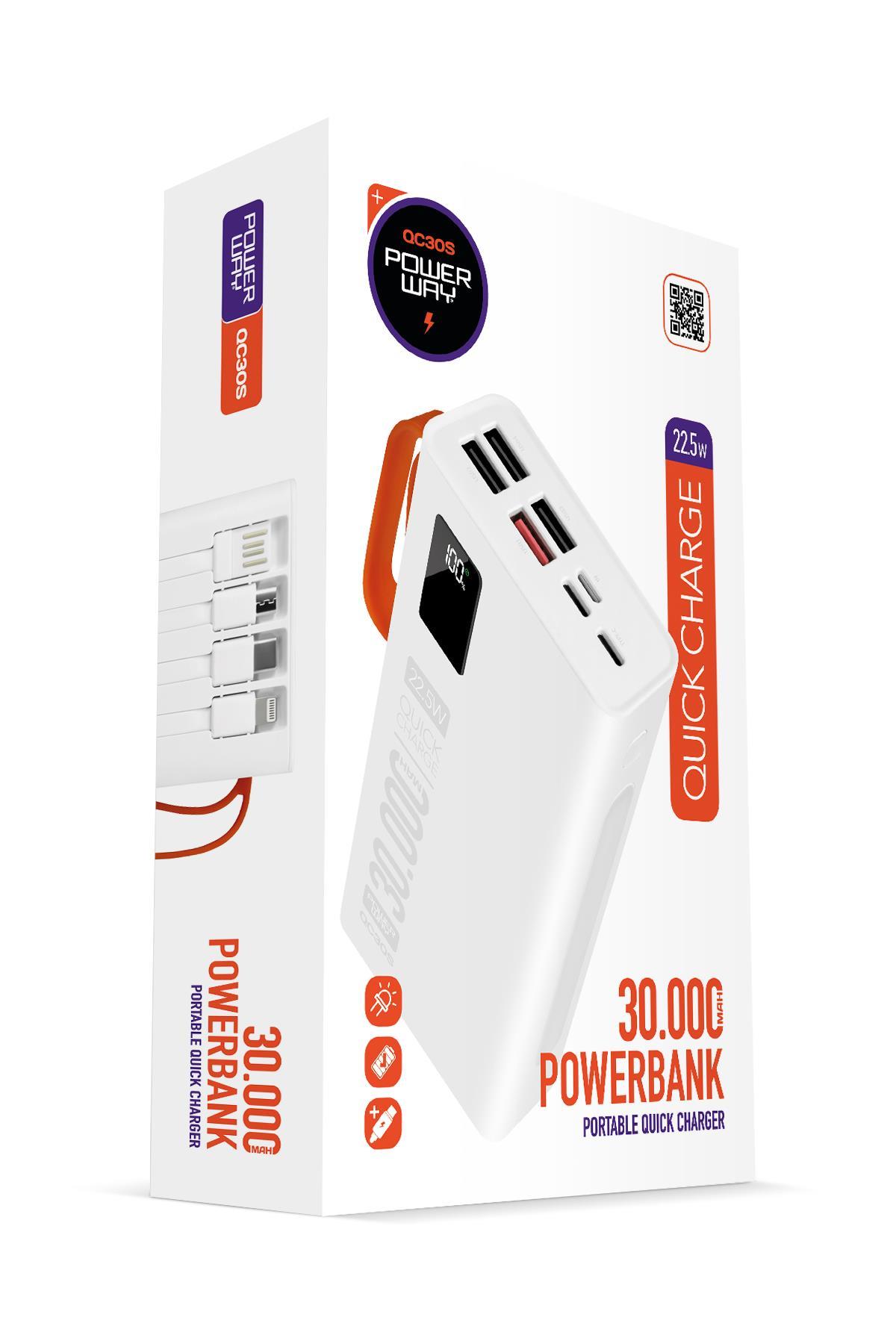 Powerway 30.000 Mah Pd 22.5W Dahili Kablolu Hızlı Şarj Gerçek 30.000 Mah QC30S Beyaz Powerbank