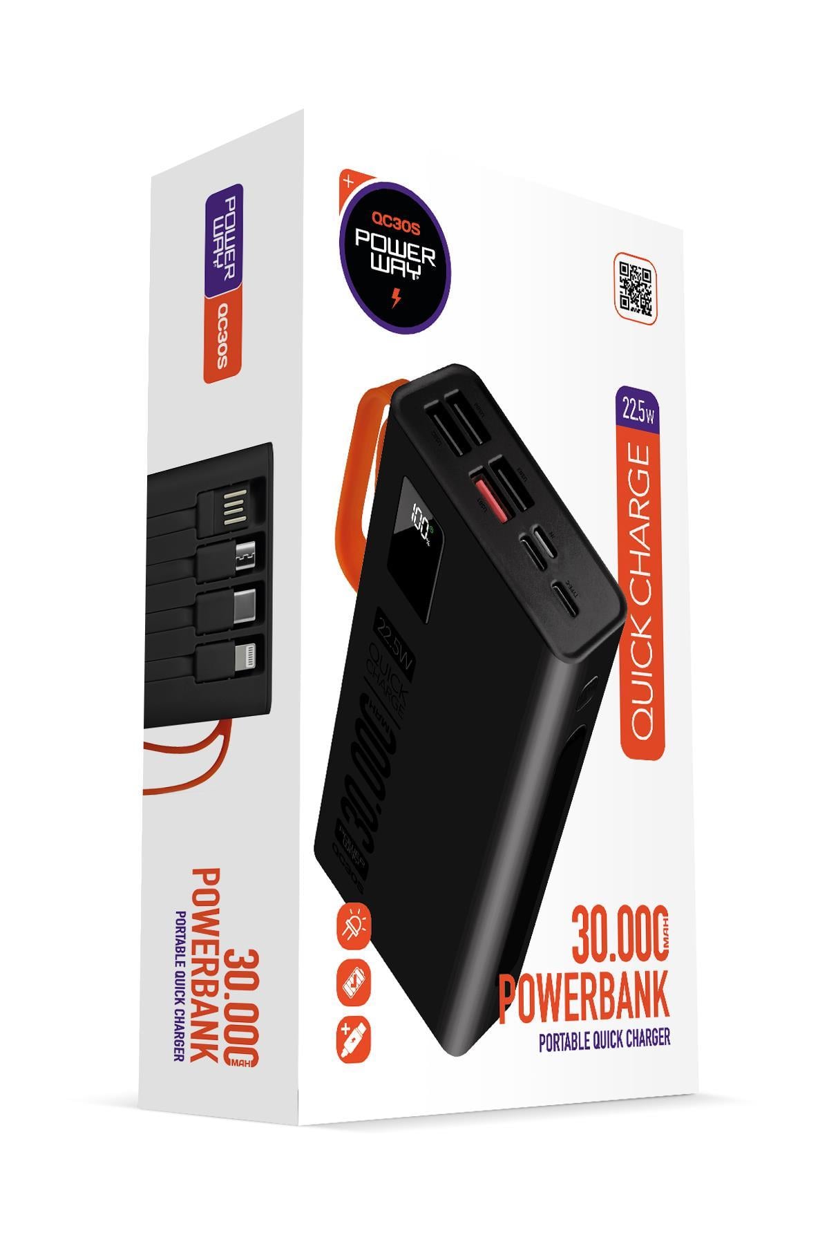Powerway 30.000 Mah Pd 22.5W Dahili Kablolu Hızlı Şarj Fener Gerçek 30.000 Mah QC30S Siyah Powerbank