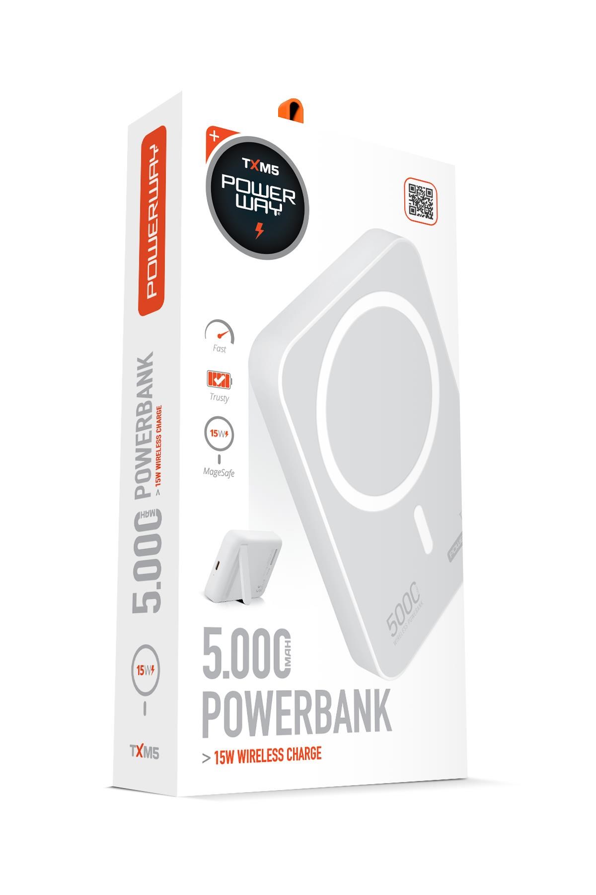 Powerway 5.000 mAh PD 15W Magsafe Kablosuz Wireless Taşınabilir Şarj Cihazı Beyaz Powerbank TXM5
