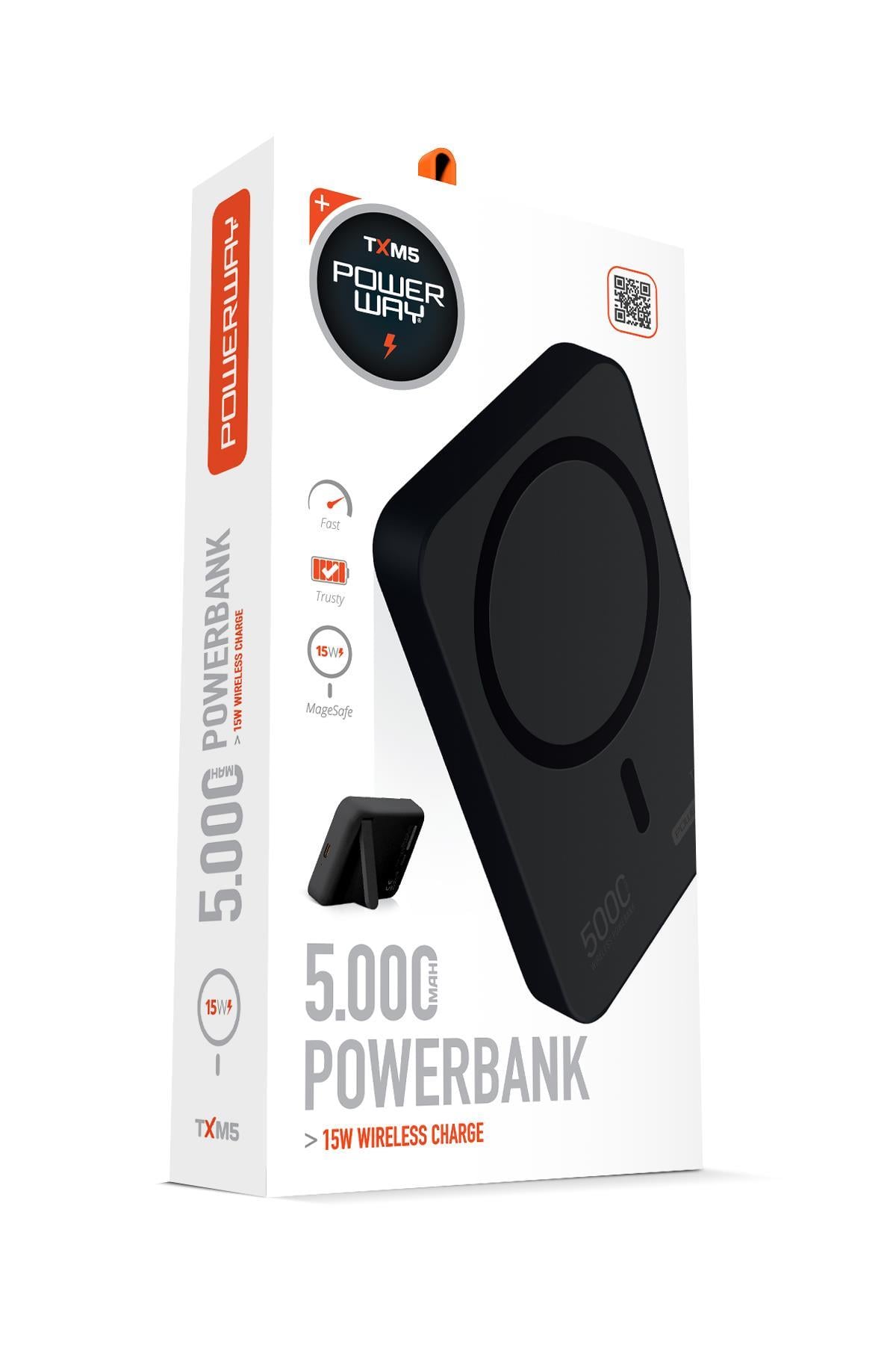 Powerway 5.000 mAh PD 15W Magsafe Kablosuz Wireless Taşınabilir Şarj Cihazı Siyah Powerbank TXM5