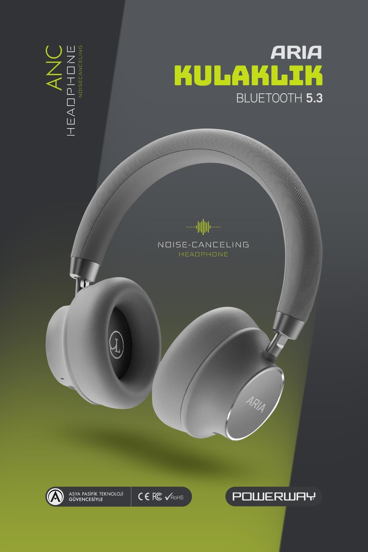 Powerway Aria Kulak Üstü Bluetooth Kulaklık Gümüş Kablosuz Ayarlanabilir Aktif Gürültü Önleyici