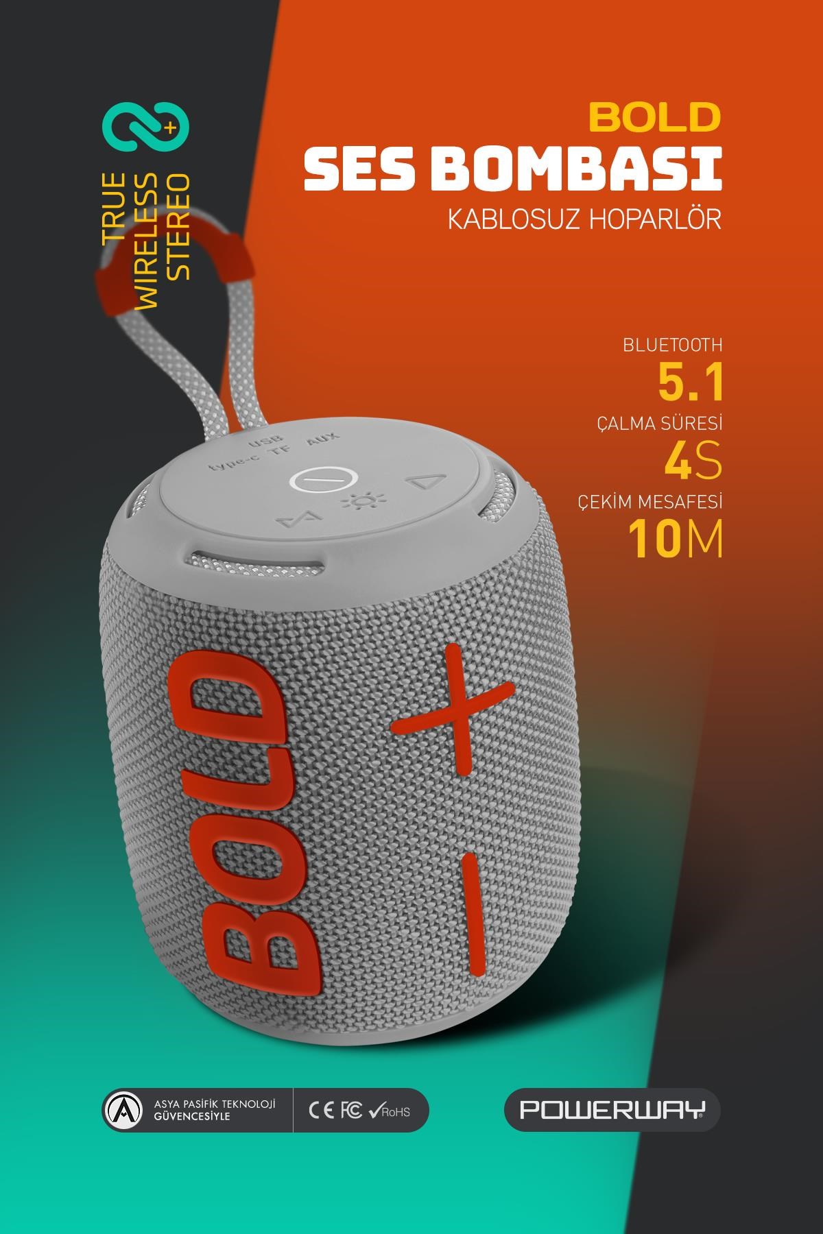 Powerway Bold Gri Taşınabilir Ses Bombası Kablosuz Bluetooth Hoparlör Speaker Yüksek Sesli TWS