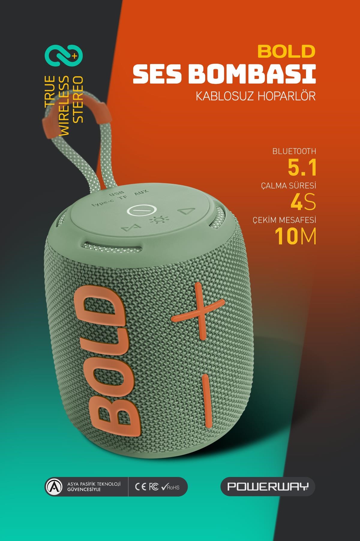 Powerway Bold Haki Taşınabilir Ses Bombası Kablosuz Bluetooth Hoparlör Speaker Yüksek Sesli TWS