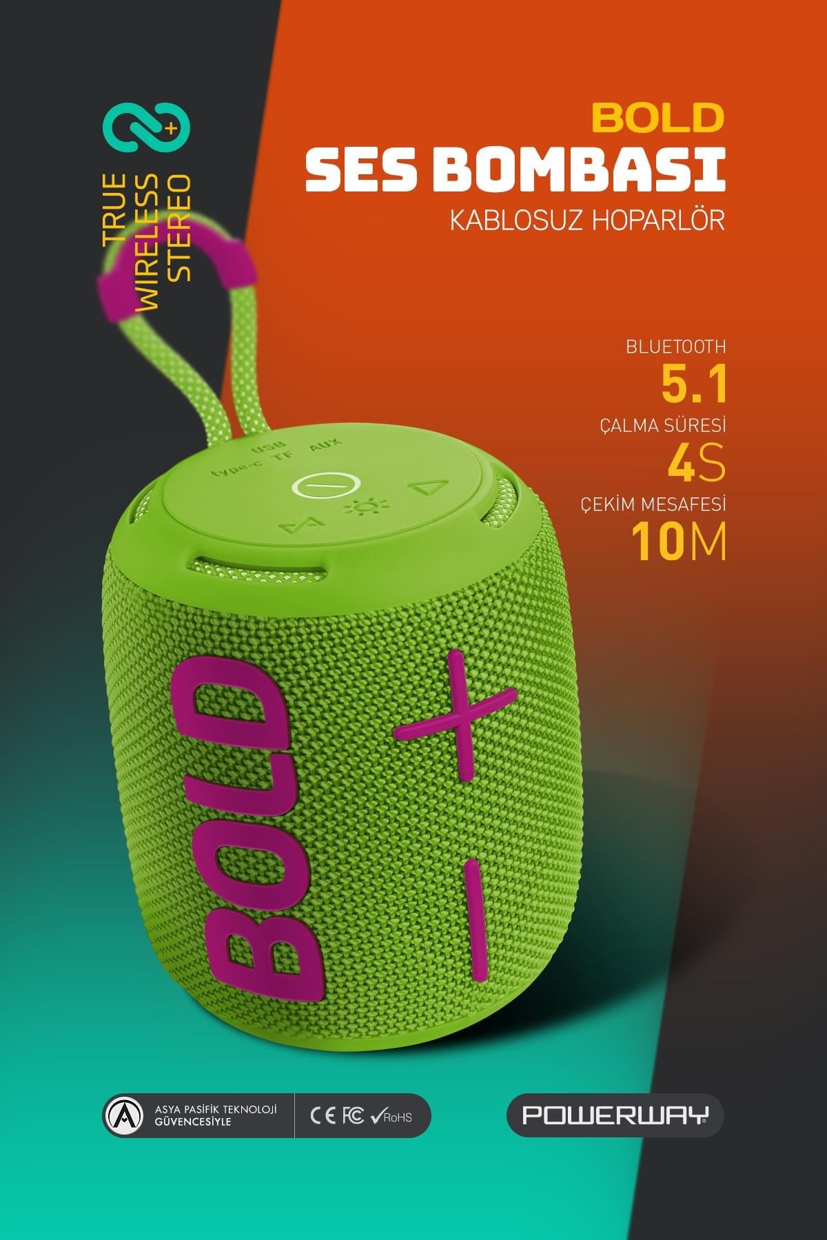 Powerway Bold Yeşil Taşınabilir Ses Bombası Kablosuz Bluetooth Hoparlör Speaker Yüksek Sesli TWS