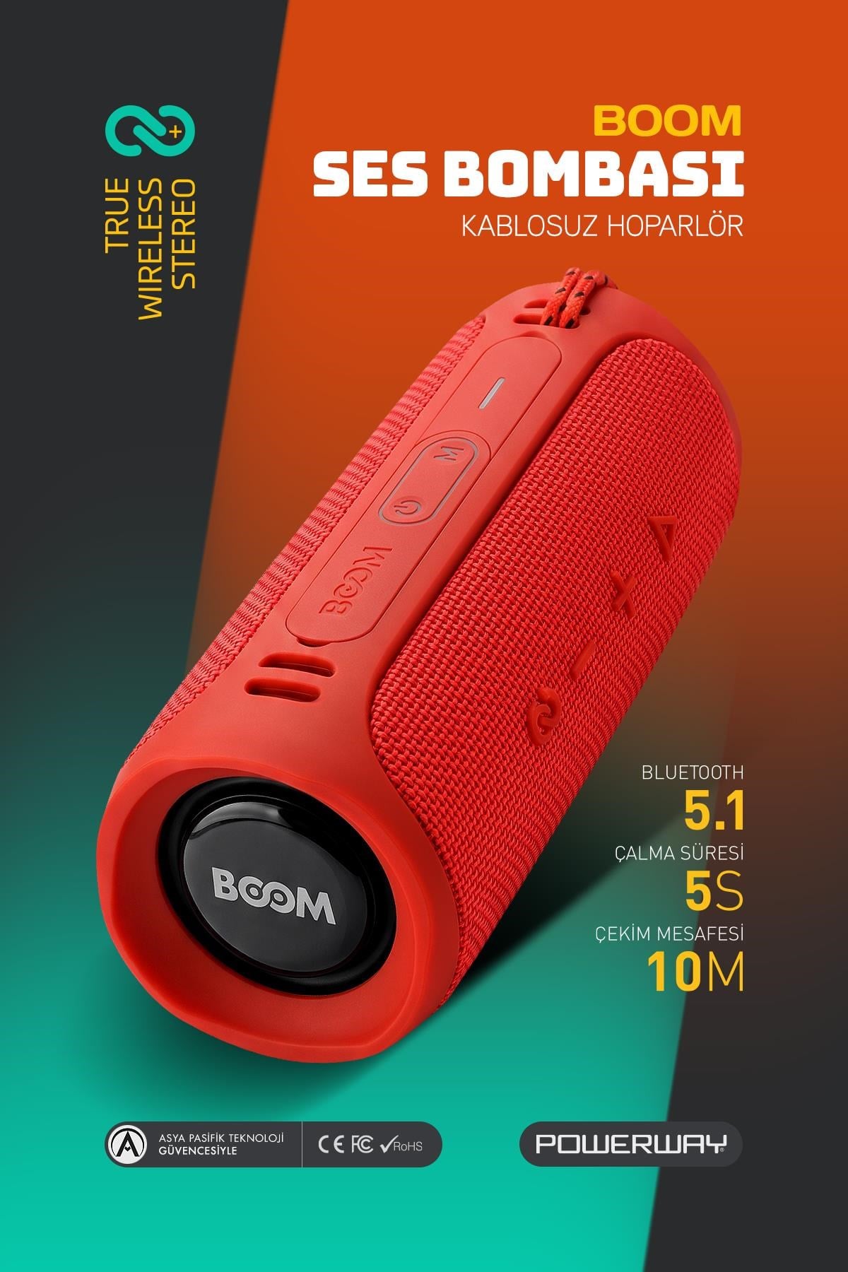 Powerway Boom Kırmızı Taşınabilir Ses Bombası Yüksek Ses Çoklu Bağlantı