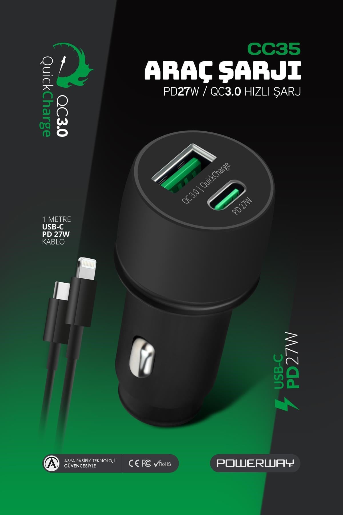 Powerway CC35 Araç İçi Çakmaklık Hızlı Şarj Cihazı 27W PD QC 3.0 Type-C USB Çıkışlı + Lightning Kablo