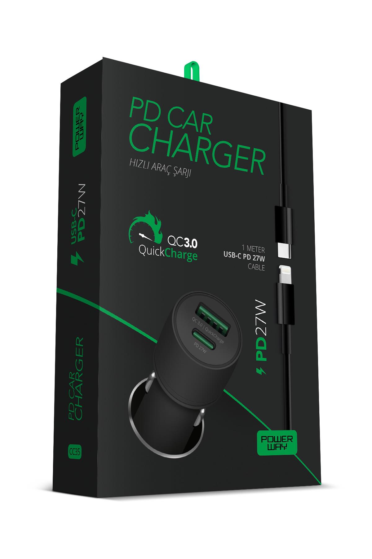 Powerway CC35 PD20W Hızlı Şarj Usb-A ve Type-C Girişli Dahili Kablo Araç Içi Çakmaklık