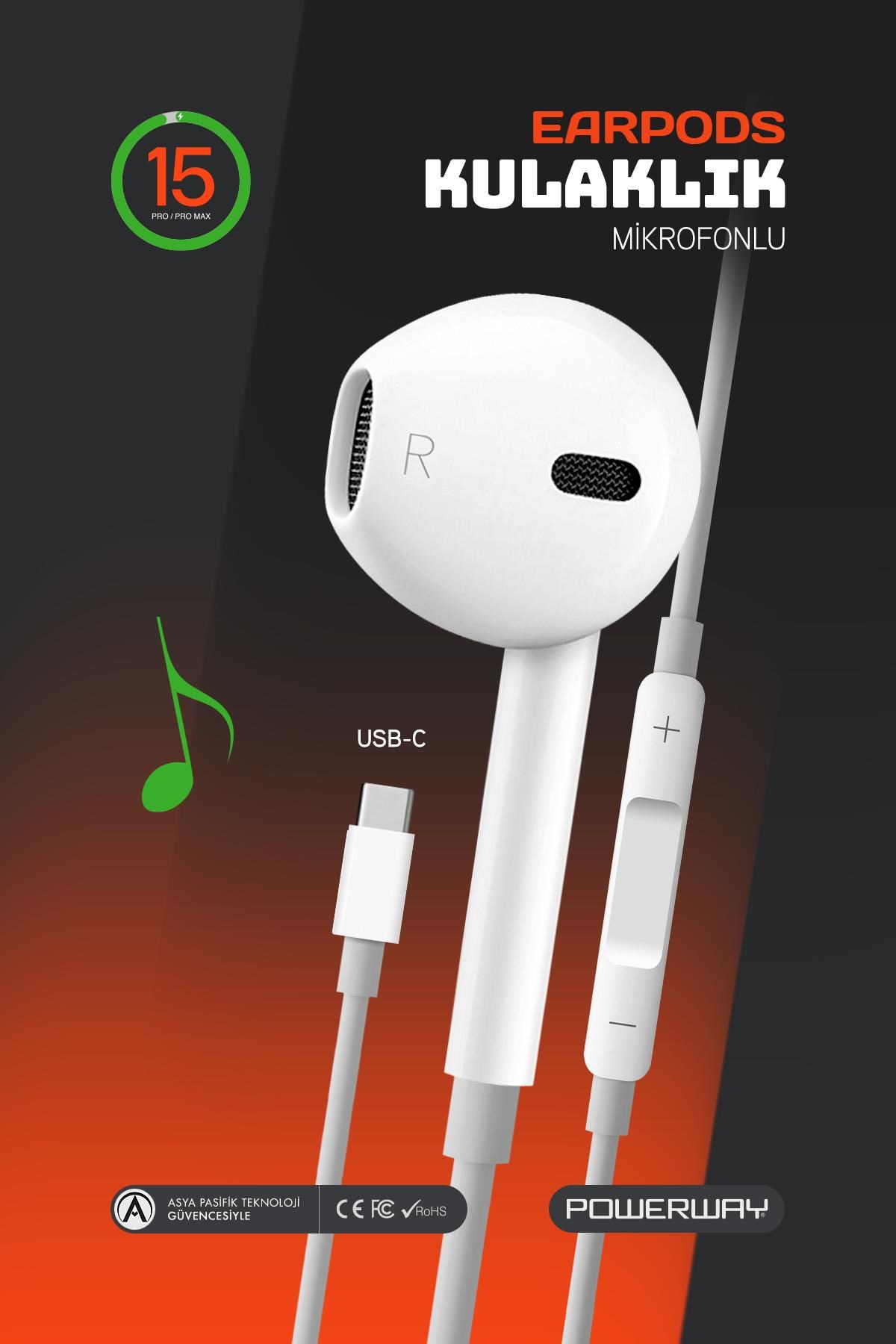 Powerway EardPod iPhone 15 Type-C Kulaklık Usb-C Tüm Cihazlar İle Uyumlu