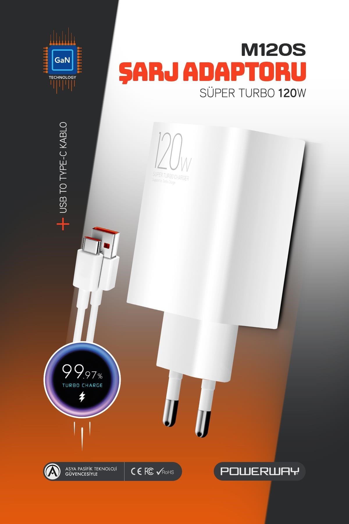 Powerway M120S 120W Type-C Şarj Adaptörü ve Kablo Seti Hızlı ve Güvenli GaN Teknolojisi