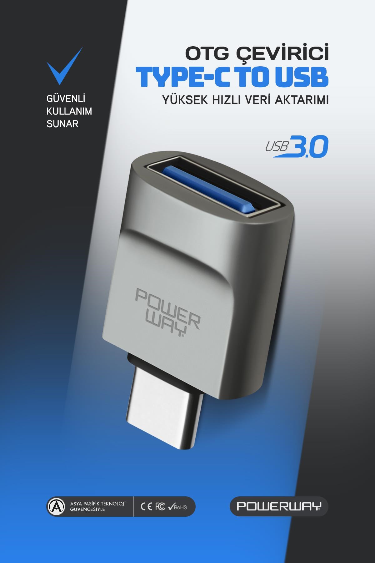 Powerway Mini Type-C Otg to Usb 3.0 Yüksek Hızlı Otg Çevirici Dönüştürücü Adaptör