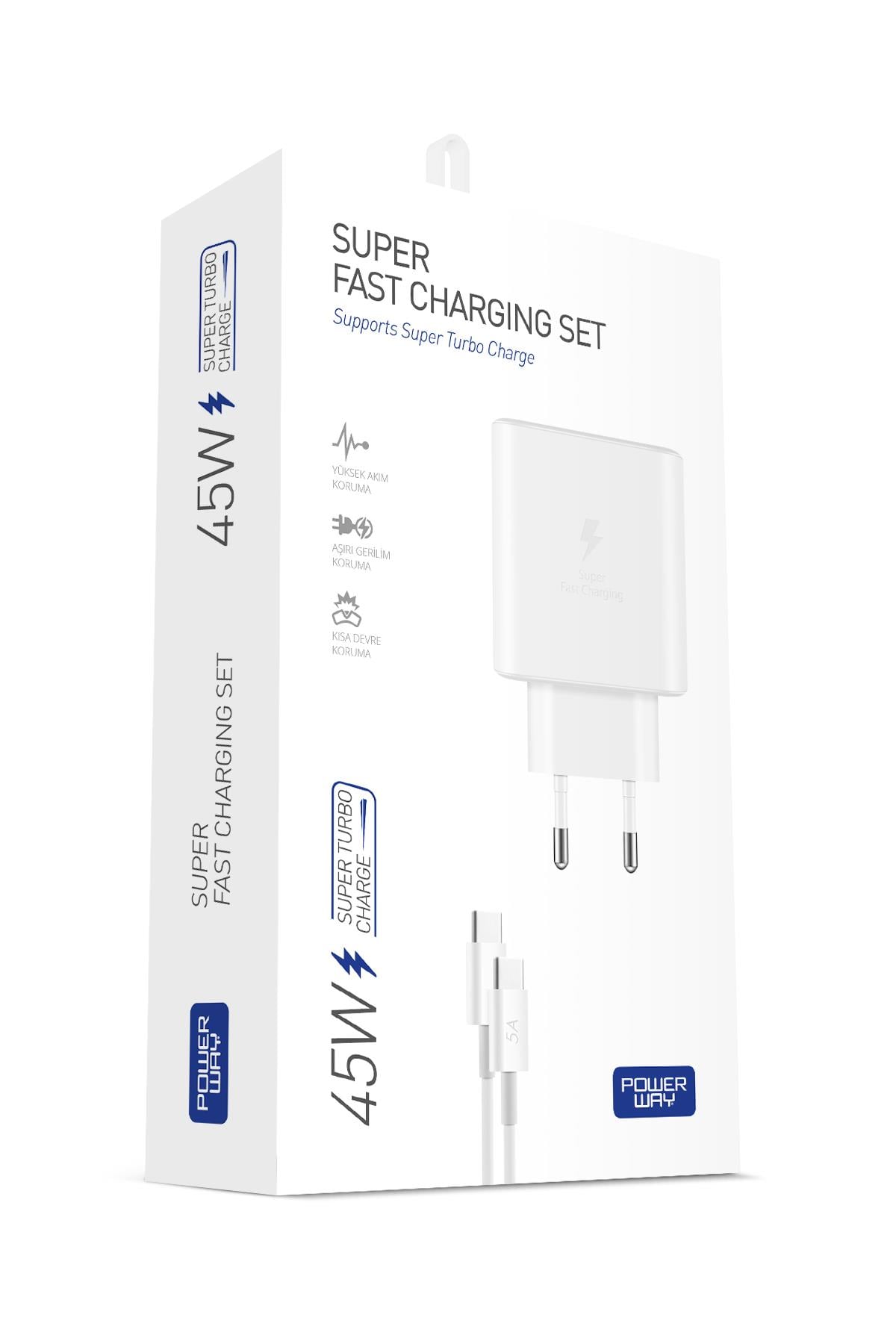 Powerway PD 45W Type-C QC 3.0 Süper Hızlı Şarj Aleti Seti S45S Adaptör ve Kablo
