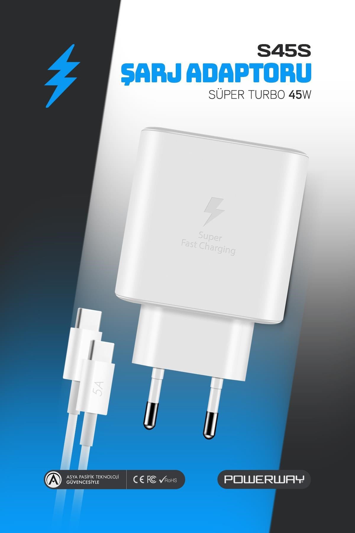 Powerway PD 45W Type-C QC 3.0 Süper Hızlı Şarj Aleti Seti S45S Adaptör ve Kablo