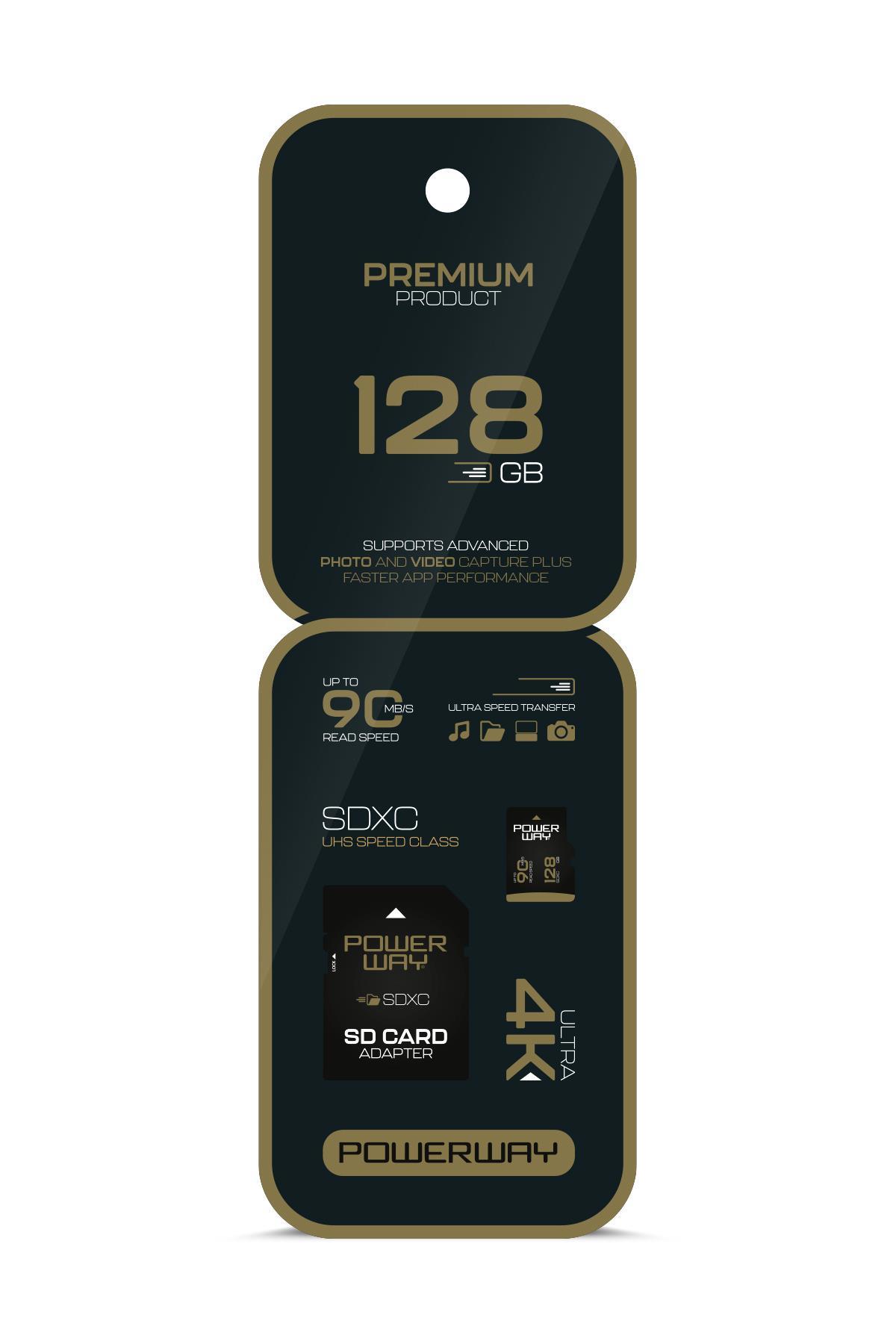 Powerway Premium 128 GB SDXC UHS Class 4K Ultra Hızlı Hafıza Kartı + Adaptör