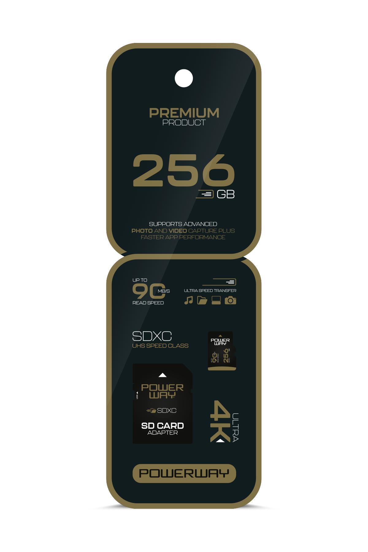 Powerway Premium 256GB SDXC UHS Class 4K Ultra Hızlı Hafıza Kartı + Adaptör