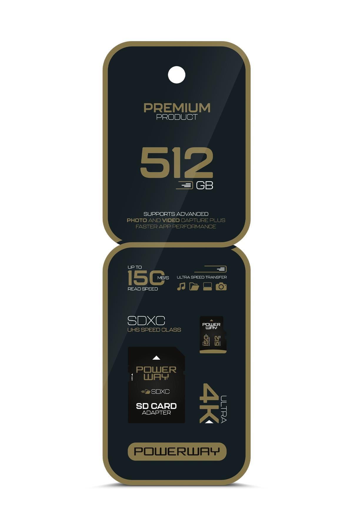 Powerway Premium 512 GB SDXC UHS Class 4K Ultra Hızlı Hafıza Kartı + Adaptör