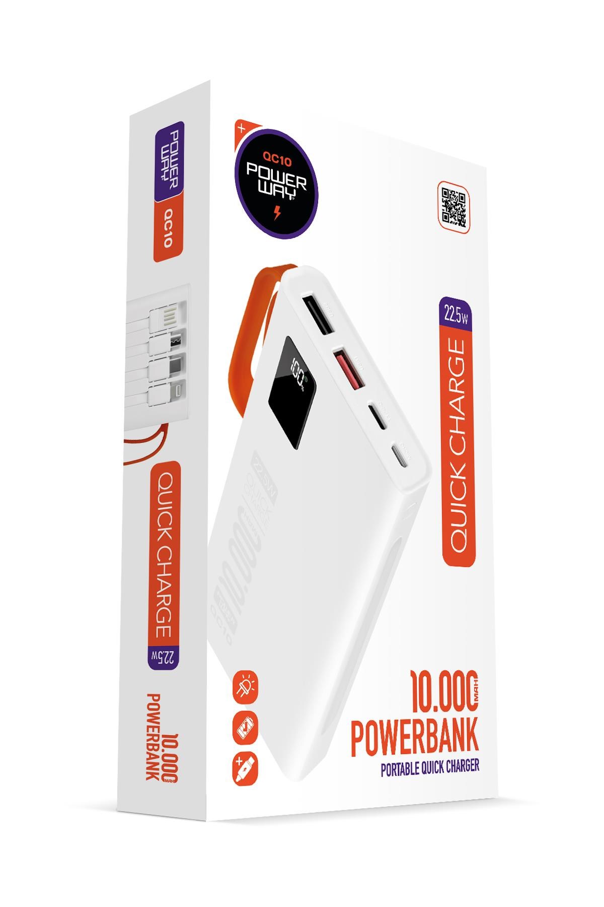 Powerway QC10 Beyaz 10.000 Mah PD 22.5W Dahili Kablolu Hızlı Şarj Led Işıklı Powerbank