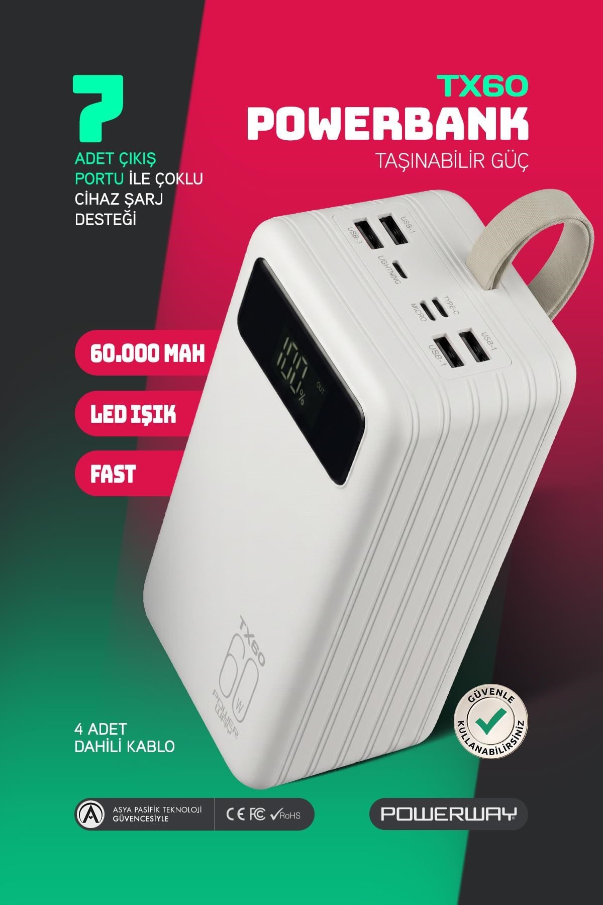 Powerway TX60 Beyaz 60.000 mAh Çoklu Çıkış Dijital Göstergeli Ekstra Kablolu Powerbank