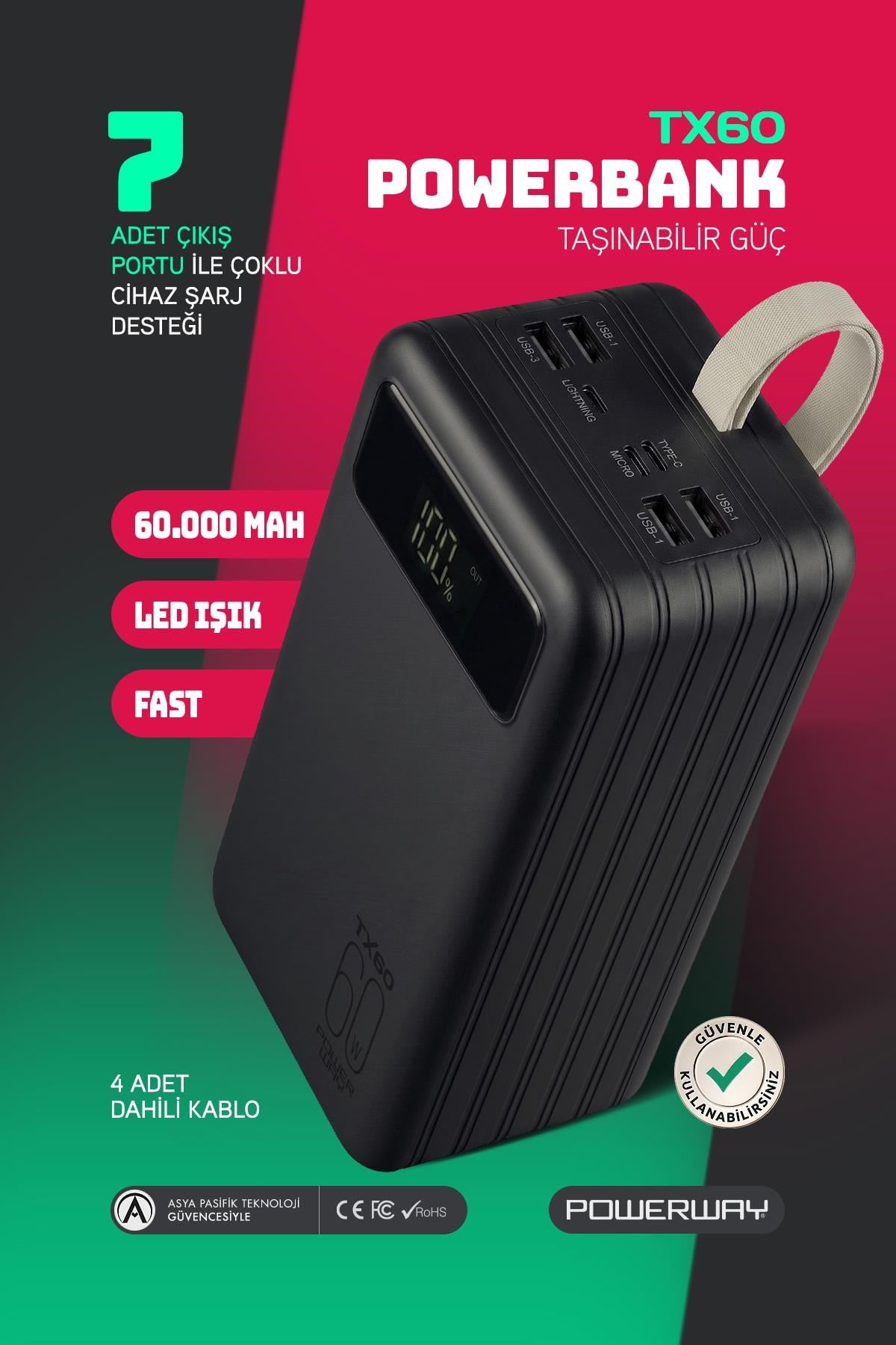 Powerway TX60 Siyah 60.000 mAh Çoklu Çıkış Dijital Göstergeli Ekstra Kablolu Powerbank