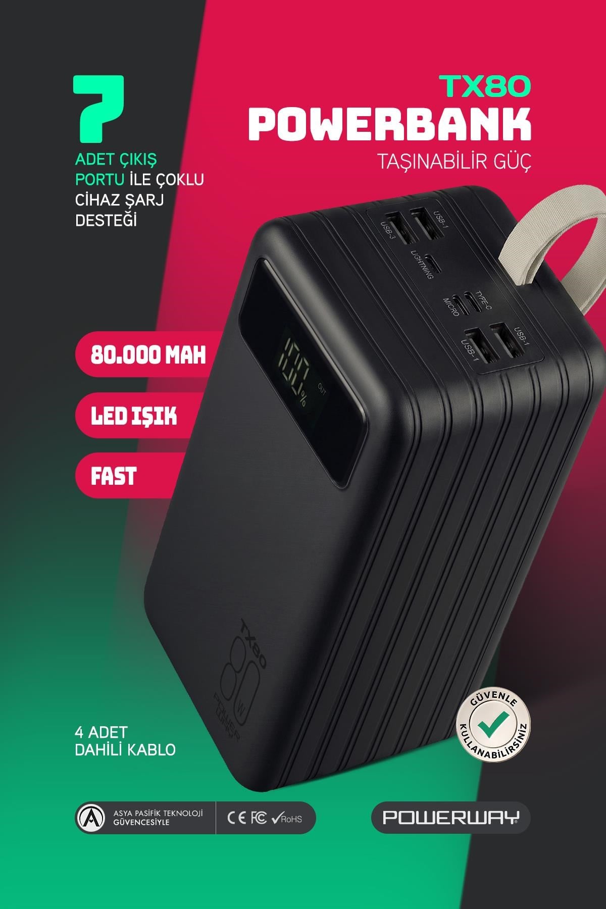 Powerway TX80 Siyah 80.000 mAh Çoklu Çıkış Dijital Göstergeli Ekstra Kablolu Powerbank