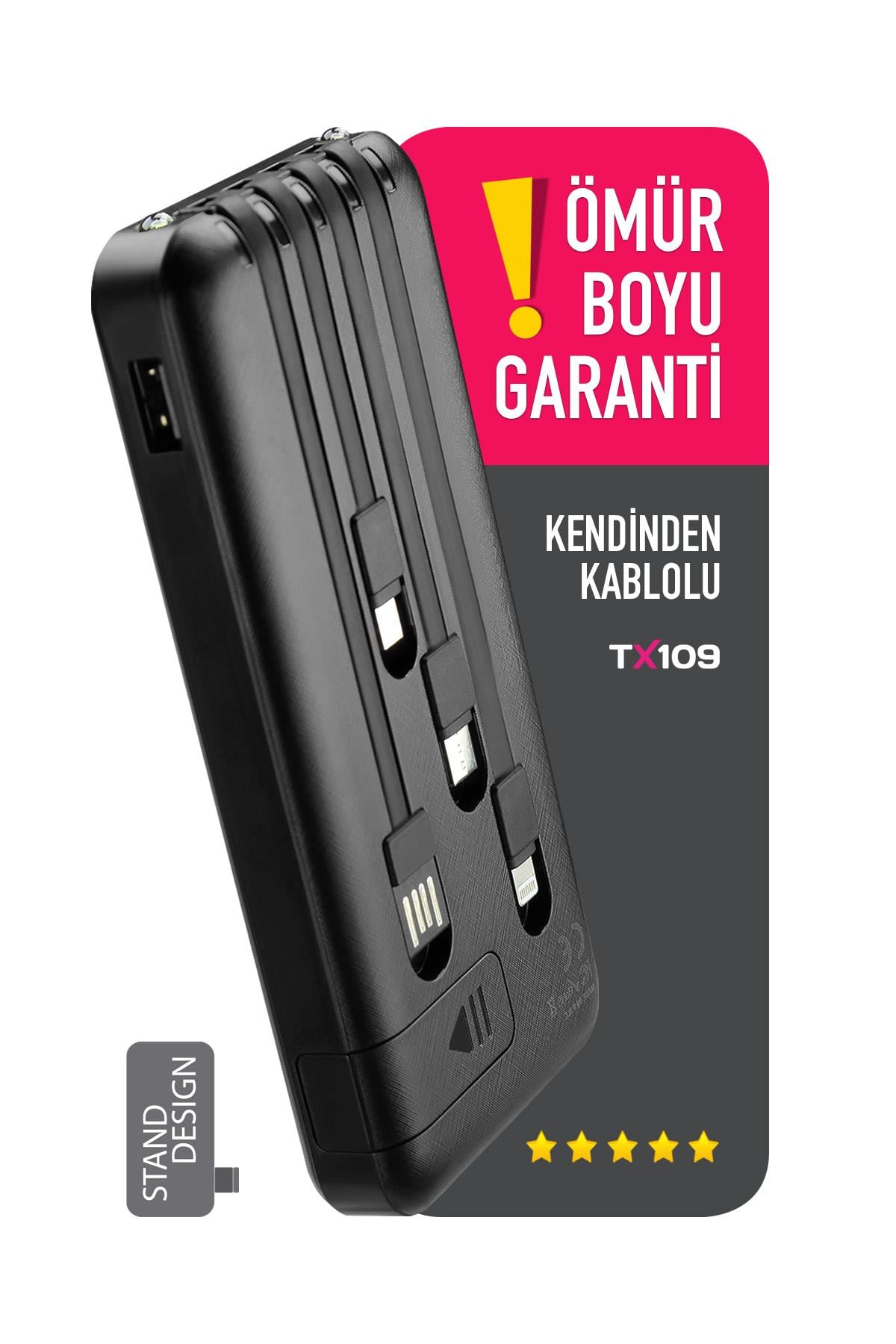 TX109 Siyah 10.000 mAh Dijital Göstergeli Ekstra Kablolu Dahili Stand Powerbank