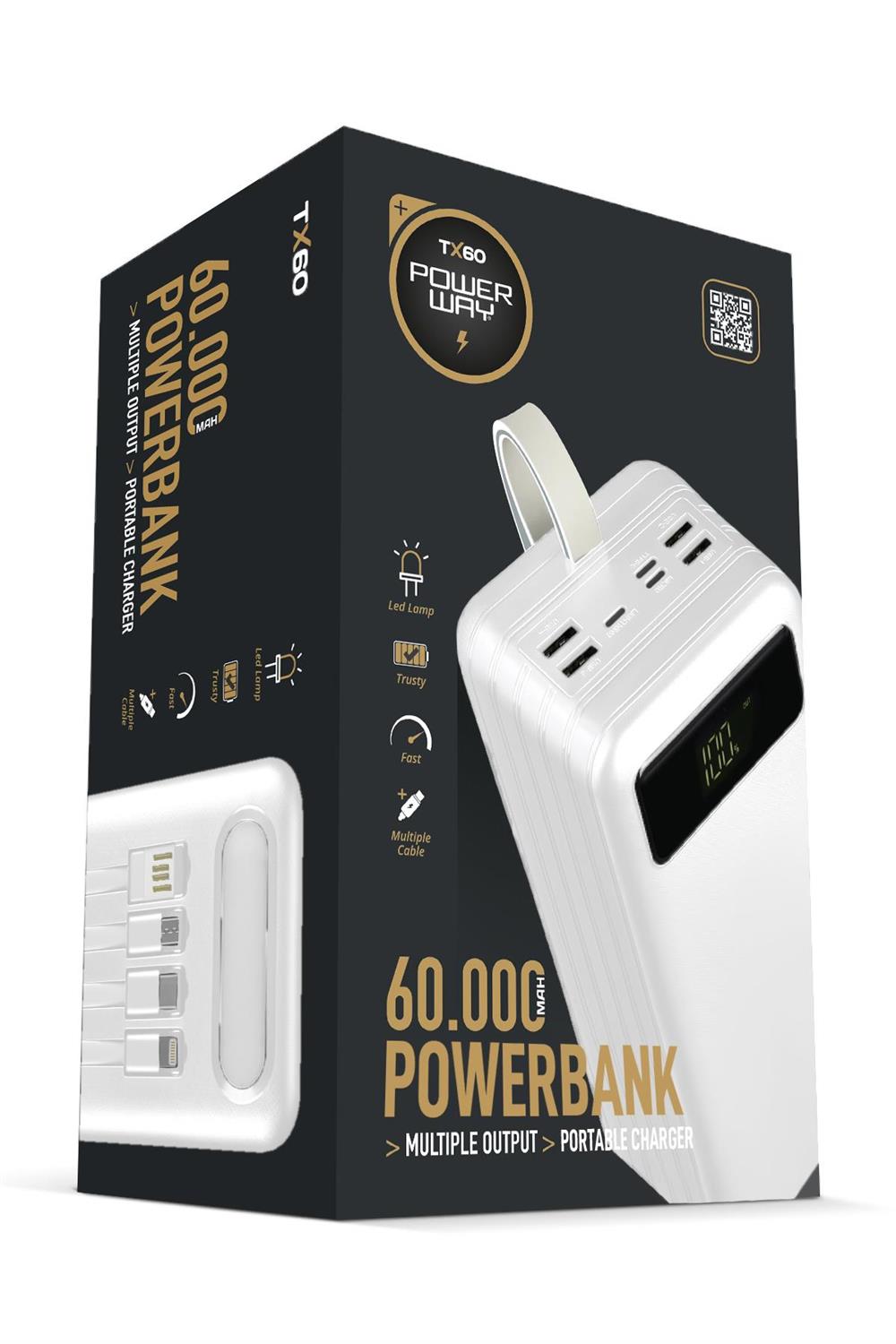 TX60 Beyaz Çoklu Çıkış Dijital Göstergeli Ekstra Kablolu 60.000 mAh (Gerçek 60.000 mAh Garantili) Powerbank